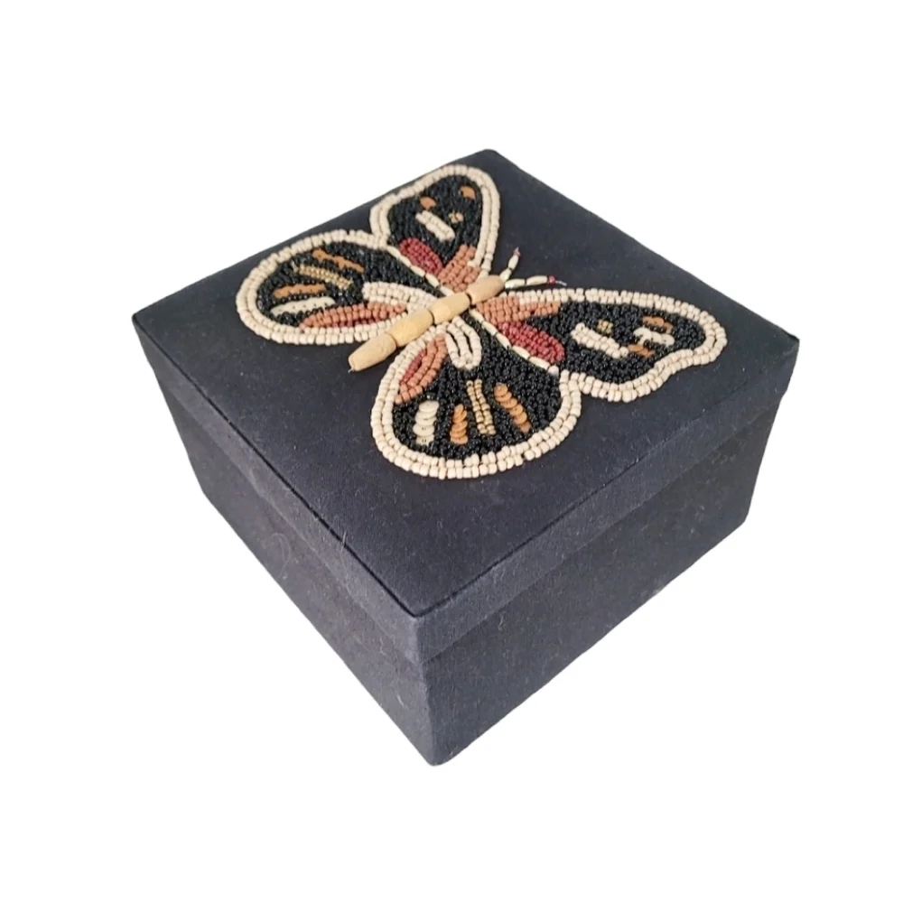 Beaded Butterfly Boho Hippy Jewelry Trinket Box with Mirror New